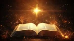 Open bible glowing cross