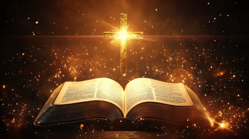 Open bible glowing cross
